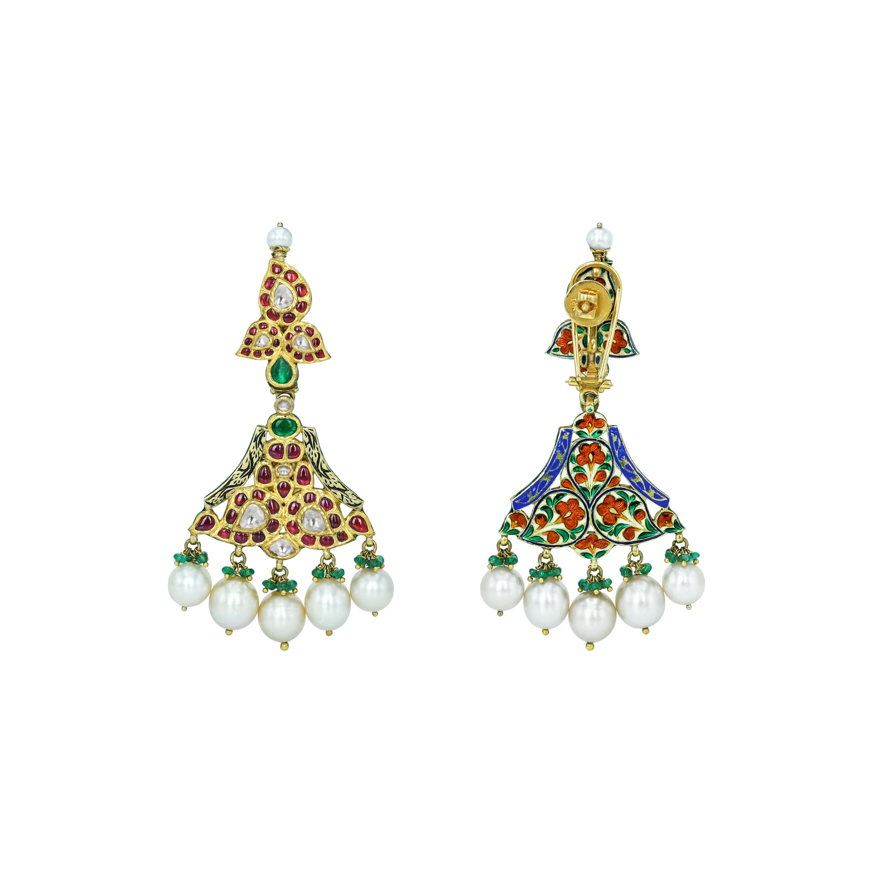 Polki Diamond Earrings with Red Stones, Emerald Beads & Pearls